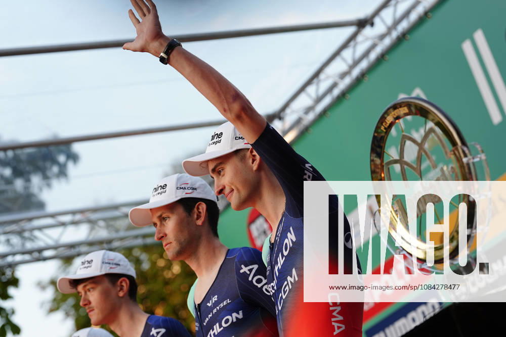 France s Paul Seixas of Decathlon CMA CGM Team during the team presentation on the eve of the 120th edition of Il Lombardia cycling race, in Bergamo on October 9, 2026, prior to the 239 km one-day race from Bergamo to Como, Italy.