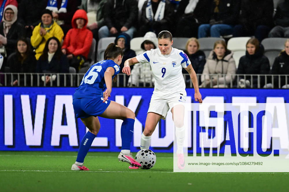 LKS 20261009 Mina Cavic of Serbia (left) and Katariina Kosola of FInland in action during the women s European Qualifying play-off round first leg football match between Finland and Serbia in Tampere, Finland, on October 9, 2026, ahead of the 2027 FIFA Women s World Cup. - ANSSI TAKALA Tampere Finland K-pzM9SQoNk