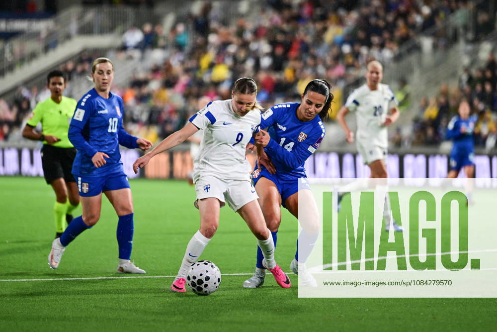 Katariina Kosola of FInland (9) and Vesna Milivojevic of Serbia during the women s World Cup European Qualifying play-off round first leg football match between Finland and Serbia in Tampere, Finland, on October 9, 2026, ahead of the 2027 FIFA Women s World Cup. - ANSSI TAKALA Tampere Finland MwsNg8sPVKo
