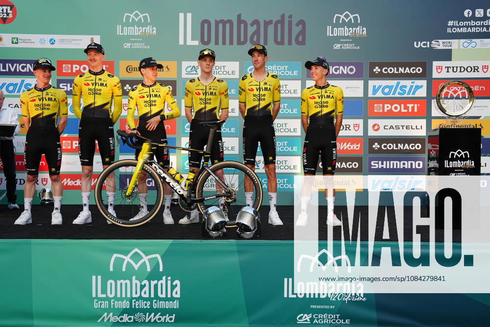 Team Visma Lease a Bike during the team presentation on the eve of the 120th edition of Il Lombardia cycling race, in Bergamo on October 9, 2026, prior to the 239 km one-day race from Bergamo to Como, Italy.