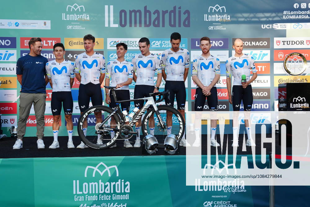 Movistar Team during the team presentation on the eve of the 120th edition of Il Lombardia cycling race, in Bergamo on October 9, 2026, prior to the 239 km one-day race from Bergamo to Como, Italy.
