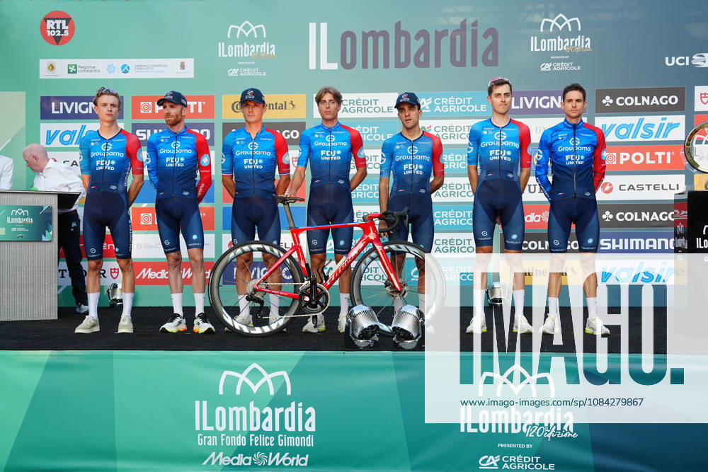 Groupama-FDJ United during the team presentation on the eve of the 120th edition of Il Lombardia cycling race, in Bergamo on October 9, 2026, prior to the 239 km one-day race from Bergamo to Como, Italy.