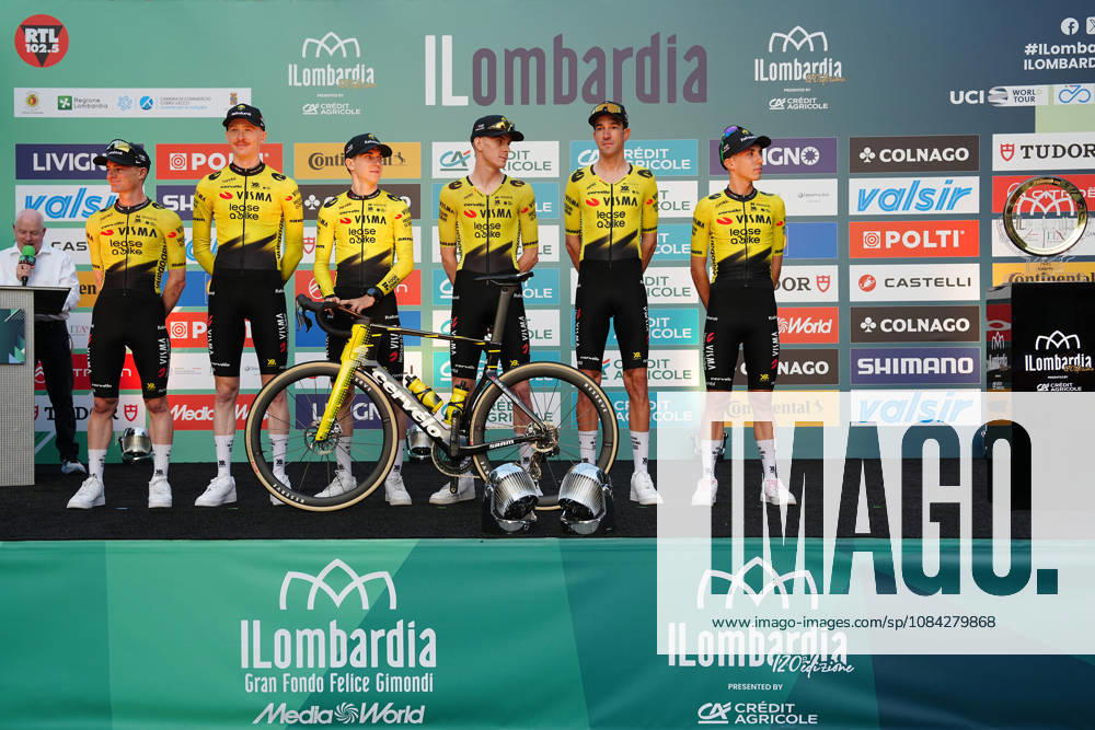 Team Visma Lease a Bike during the team presentation on the eve of the 120th edition of Il Lombardia cycling race, in Bergamo on October 9, 2026, prior to the 239 km one-day race from Bergamo to Como, Italy.