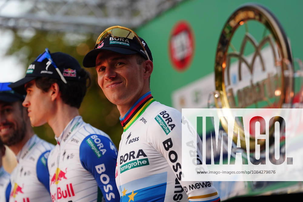 Red Bull - Bora - Hansgrohe during the team presentation on the eve of the 120th edition of Il Lombardia cycling race, in Bergamo on October 9, 2026, prior to the 239 km one-day race from Bergamo to Como, Italy.