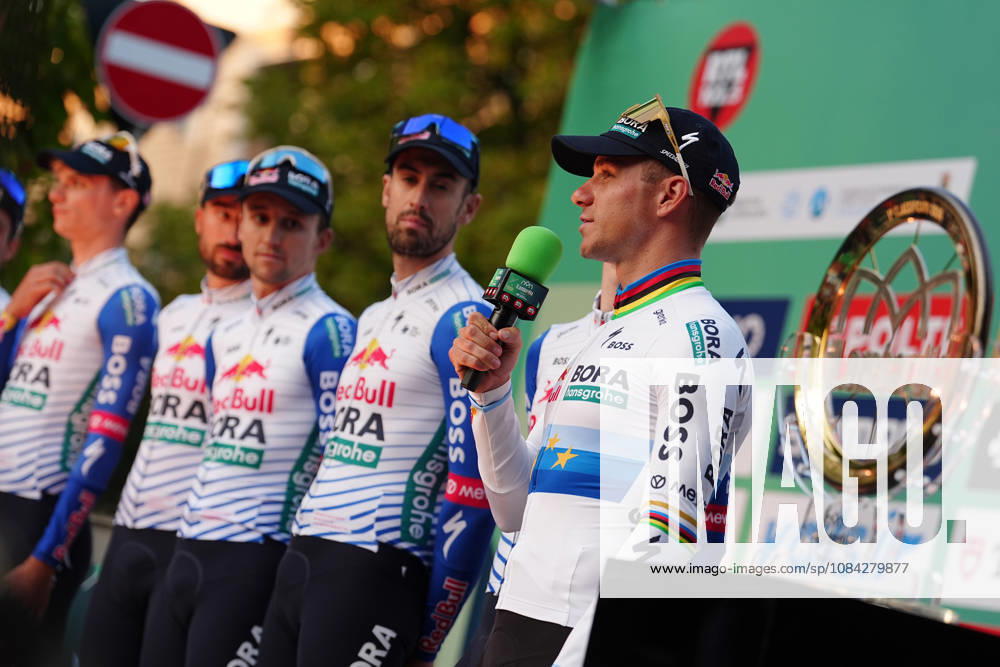 Red Bull - Bora - Hansgrohe during the team presentation on the eve of the 120th edition of Il Lombardia cycling race, in Bergamo on October 9, 2026, prior to the 239 km one-day race from Bergamo to Como, Italy.