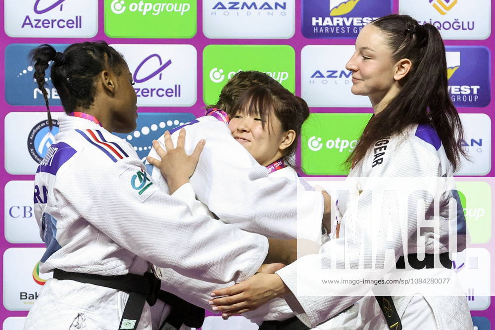 AZERBAIJAN, BAKU - OCTOBER 9, 2026: 2nd placed Kaila Issoufi of France, 1st placed Yelizaveta Litvinenko of the UAE, 3rd placed Kurena Ikeda of Japan and Anna Monta Olek (L-R) of Germany are pictured during an award ceremony for the women s -78 kg category as part of the 2026 World Judo Championships at the National Gymnastics Arena 2026 World Judo Championships In Baku - ZUMAt113 20261009_zaa_t113_785
