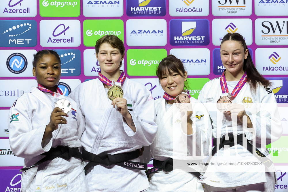 AZERBAIJAN, BAKU - OCTOBER 9, 2026: 2nd placed Kaila Issoufi of France, 1st placed Yelizaveta Litvinenko of the UAE, 3rd placed Kurena Ikeda of Japan and Anna Monta Olek (L-R) of Germany pose during an award ceremony for the women s -78 kg category as part of the 2026 World Judo Championships at the National Gymnastics Arena 2026 World Judo Championships In Baku - ZUMAt113 20261009_zaa_t113_789