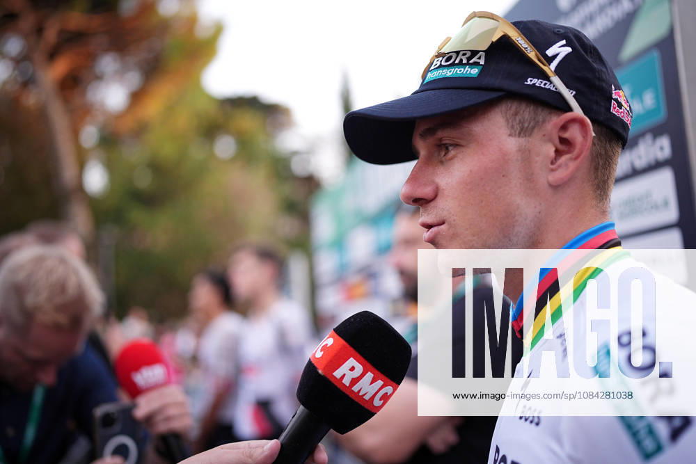 Belgium s Remco Evenepoel of Red Bull - Bora - Hansgrohe during the team presentation on the eve of the 120th edition of Il Lombardia cycling race, in Bergamo on October 9, 2026, prior to the 239 km one-day race from Bergamo to Como, Italy.