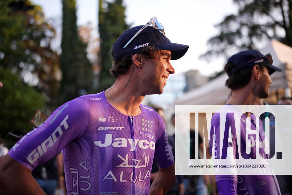 Australia s Michael Matthews of Team Jayco AlUla during the team presentation on the eve of the 120th edition of Il Lombardia cycling race, in Bergamo on October 9, 2026, prior to the 239 km one-day race from Bergamo to Como, Italy.