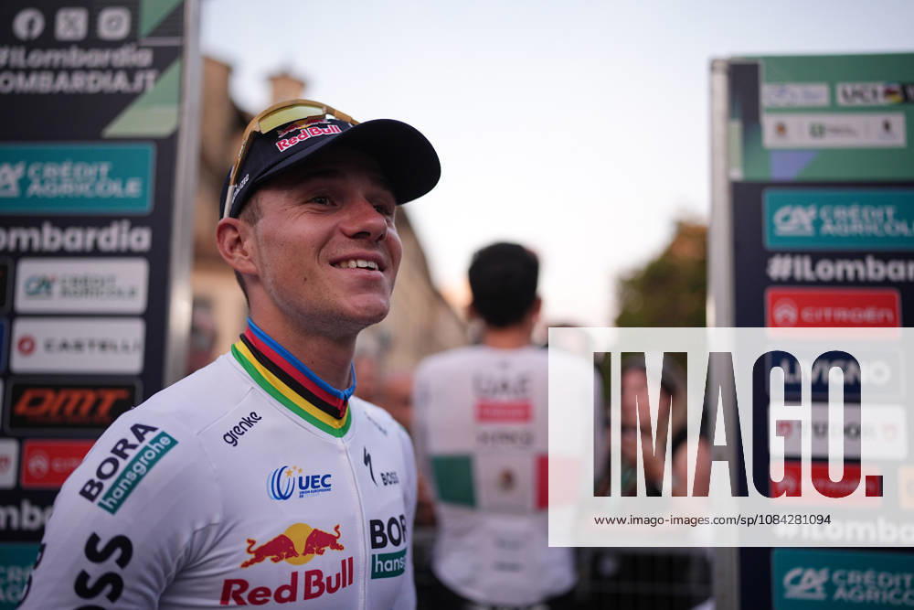 Belgium s Remco Evenepoel of Red Bull - Bora - Hansgrohe during the team presentation on the eve of the 120th edition of Il Lombardia cycling race, in Bergamo on October 9, 2026, prior to the 239 km one-day race from Bergamo to Como, Italy.