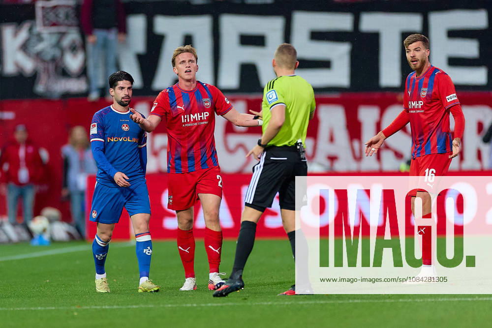 Semih Sahin (1. FC Kaiserslautern, 08), Mikkel Kaufmann (1.FC Heidenheim, 29) reklamiert, Florian Lechner (Schiedsrichter), Julian Niehues (1.FC Heidenheim, 16) GER, 1. FC Heidenheim 1846 vs. 1. FC Kaiserslautern, Fussball, 2. Bundesliga, 7. Spieltag, Spielzeit 2026 2027, 09.10.2026 DFL regulations prohibit any use of photographs as image sequences and or quasi-video. GER, 1. FC Heidenheim 1846 vs. 1. FC Kaiserslautern, Fussball, 2. Bundesliga, 7. Spieltag, Spielzeit 2026 2027, 09.10.2026 Heidenheim an der Brenz