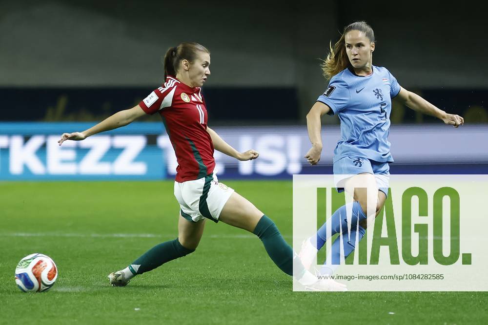 , Pancho Arena, season 2026 2027 , UEFA worldcup qualification football play-offs round 1 , match between Hungary and The Netherlands (women) 1st leg , Pictures shows Netherlands player Marisa Olislagers and Hungary player Zsofia Mayer Hungary - Netherlands (women) x208075784x