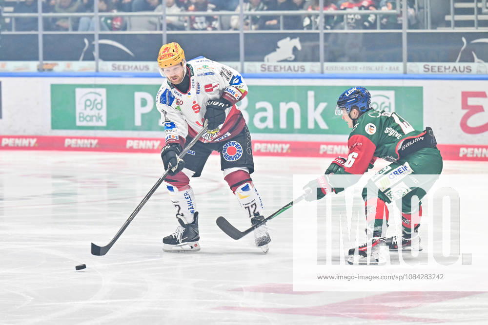 Penny DEL; Augsburger Panther - Fischtown Pinguins, 09.10.2026 aUGSBURG, GERMANY; 09. OCTOBER: im Duell Phillip BRUGGISSER (Fischtown Pinguins 72) und Moritz ELIAS (Augsburger Panther 46) während dem Match der Penny DEL zwischen den Augsburger Panthern und den Fischtown Pinguins am 7. Spieltag im Curt Frenzel Stadion