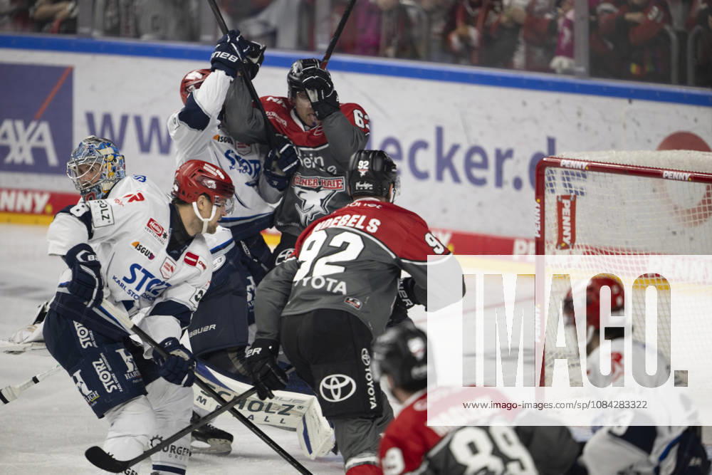 PENNY DEL 1; Kölner Haie - Schwenninger Wild Wings; Köln, 09.10.2026 Alex Peters (Schwenninger Wild Wings, Verteidigung, 6); Joacim Eriksson (Schwenninger Wild Wings, Torwart, 60); Marcel Noebels (Kölner Haie, Sturm, 92); Patrick Russell (Kölner Haie, Sturm, 63); Marcel Noebels (Kölner Haie, Sturm, 92); PENNY DEL 1; Kölner Haie - Schwenninger Wild Wings am 09.10.2026 in der KA2 in Köln (Deutschland).