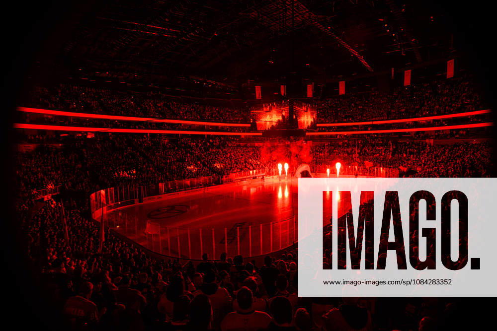 COLOGNE, GERMANY - 9 OCTOBER, 2026: (Editor note: used red filter) General view pre show - The PENNY DEL Ice hockey, Eishockey match Koelner Haie vs. Schwenninger Wild Wings at LANXESS arena.