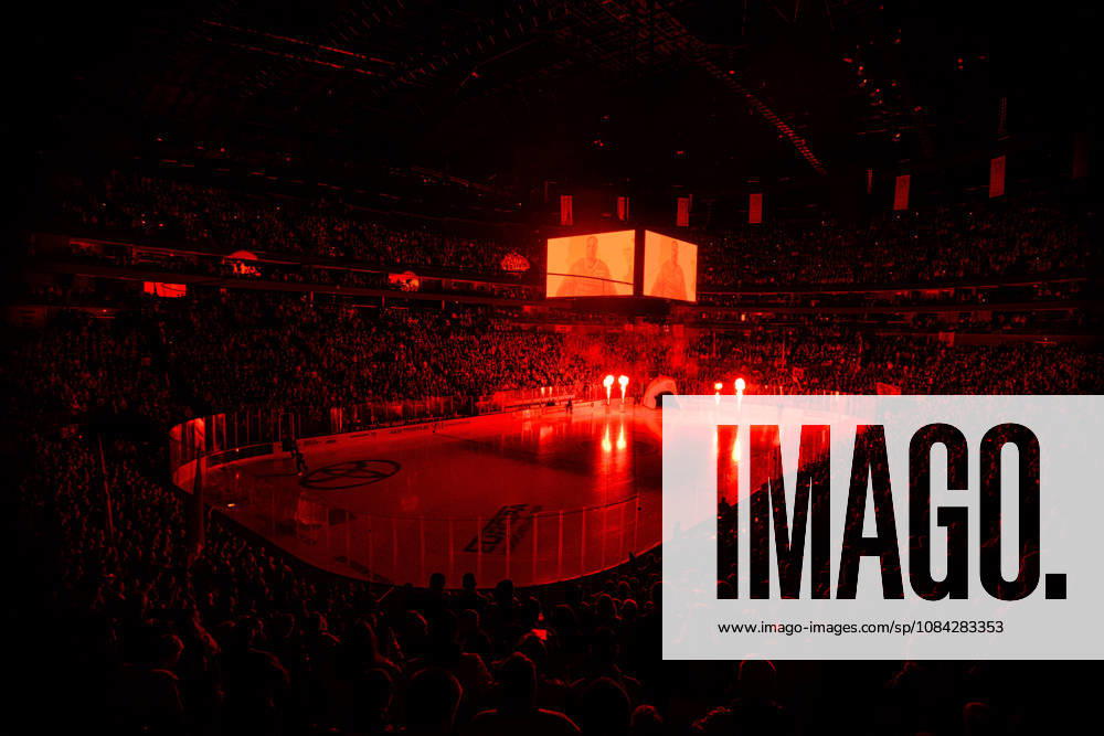 COLOGNE, GERMANY - 9 OCTOBER, 2026: (Editor note: used red filter) General view pre show - The PENNY DEL Ice hockey, Eishockey match Koelner Haie vs. Schwenninger Wild Wings at LANXESS arena.