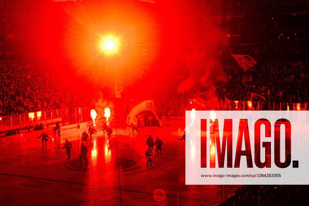 COLOGNE, GERMANY - 9 OCTOBER, 2026: (Editor note: used red filter) General view pre show - The PENNY DEL Ice hockey, Eishockey match Koelner Haie vs. Schwenninger Wild Wings at LANXESS arena.