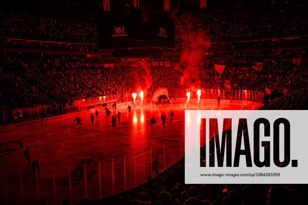 COLOGNE, GERMANY - 9 OCTOBER, 2026: (Editor note: used red filter) General view pre show - The PENNY DEL Ice hockey, Eishockey match Koelner Haie vs. Schwenninger Wild Wings at LANXESS arena.