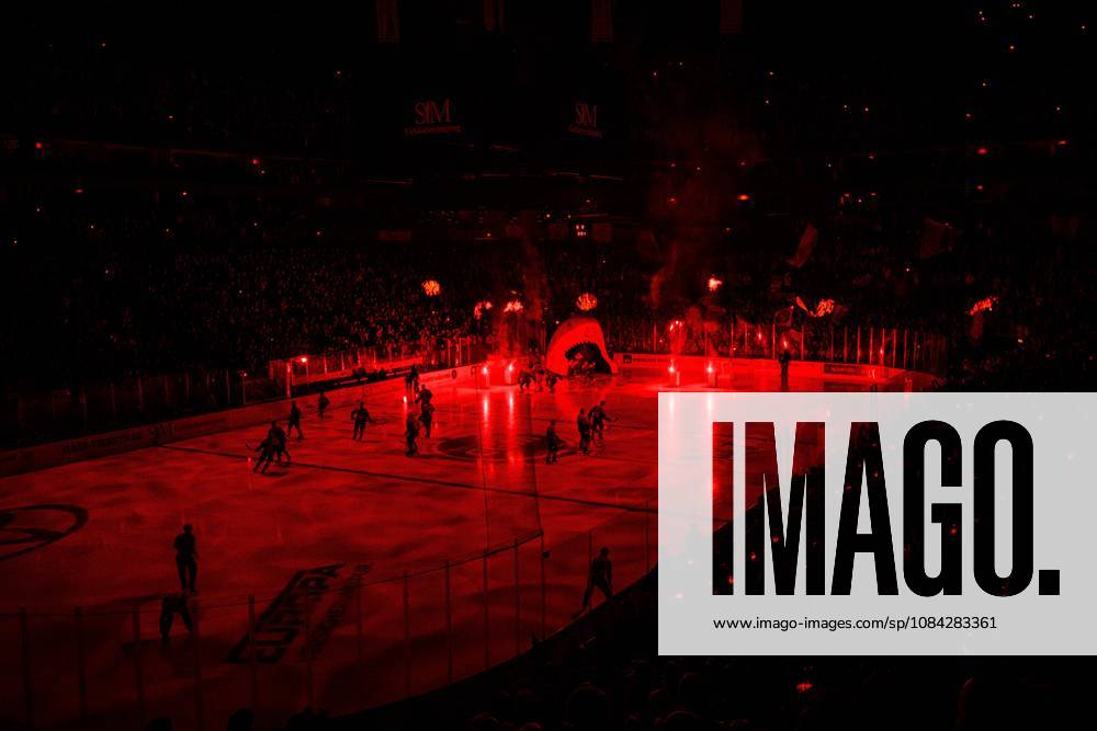 COLOGNE, GERMANY - 9 OCTOBER, 2026: (Editor note: used red filter) General view pre show - The PENNY DEL Ice hockey, Eishockey match Koelner Haie vs. Schwenninger Wild Wings at LANXESS arena.
