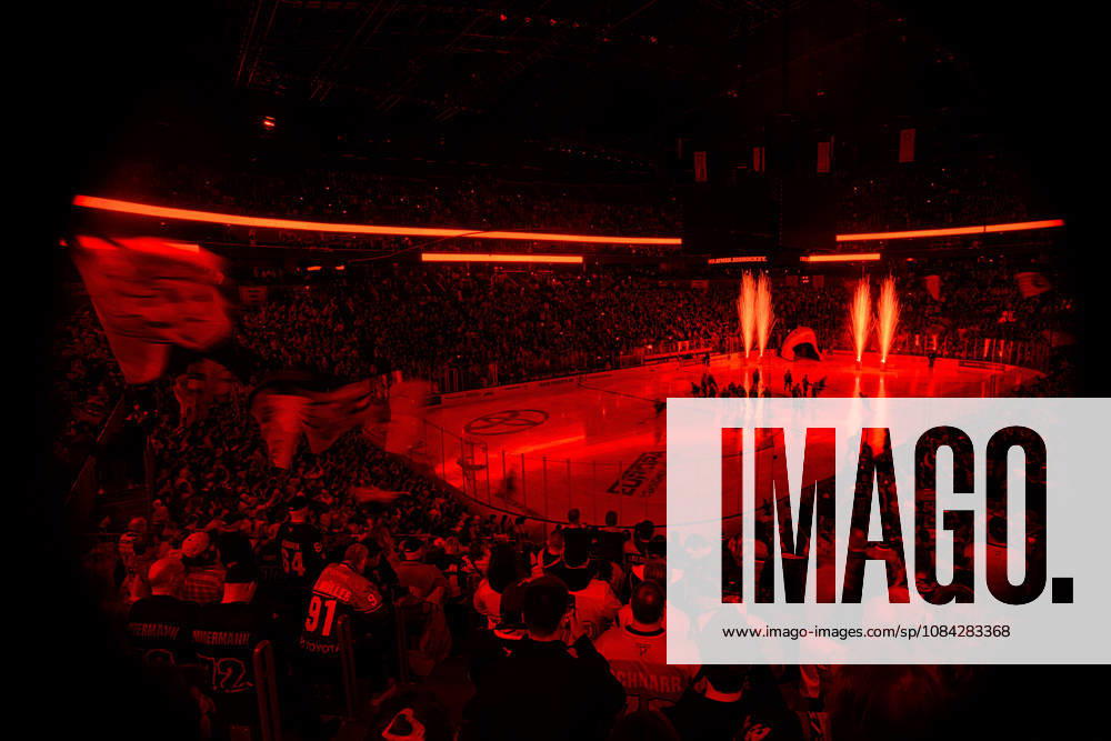 COLOGNE, GERMANY - 9 OCTOBER, 2026: (Editor note: used red filter) General view pre show - The PENNY DEL Ice hockey, Eishockey match Koelner Haie vs. Schwenninger Wild Wings at LANXESS arena.