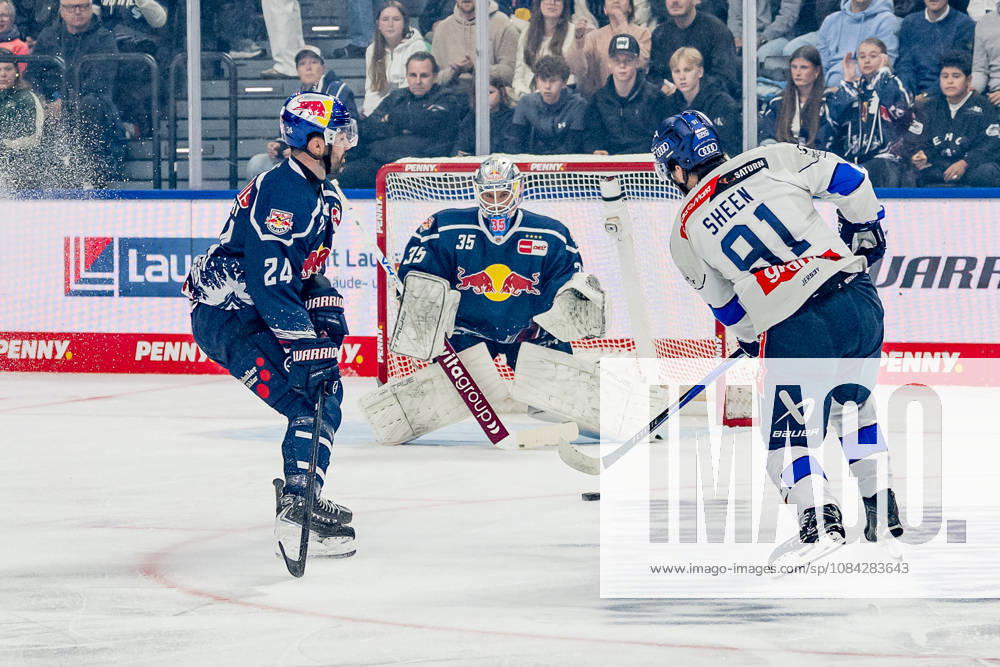 Ryan Murphy (EHC Red Bull Muenchen, 24) kann einen Schuss von Riley Sheen (ERC Ingolstadt, 91) auf das Tor von Mathias Niederberger (Torwart, EHC Red Bull Muenchen, 35) nicht verhindern GER, EHC Red Bull Muenchen vs. ERC Ingolstadt, DEL, Saison 2026 2027, 7. Spieltag, 09.10.2026. Foto: HMB Media Franz Feiner