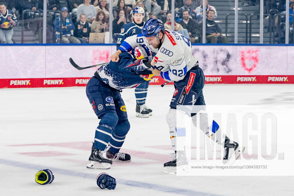 Keilerei zwischen Jeremy McKenna (EHC Red Bull Muenchen, 91) und Daniel Schmoelz (ERC Ingolstadt, 92) GER, EHC Red Bull Muenchen vs. ERC Ingolstadt, DEL, Saison 2026 2027, 7. Spieltag, 09.10.2026. Foto: HMB Media Franz Feiner