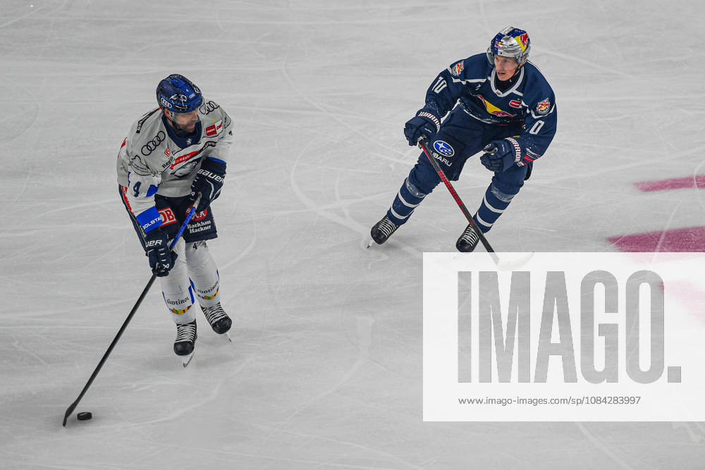 München, Deutschland. PENNY DEL, Deutsche Eishockey Liga, Saison 2026 27, 7. Spieltag: EHC Red Bull München gegen ERC Ingolstadt im SAP Garden in München. Elis Hede (EHC Red Bull München) nachdenklich, ernst, fokussiert mit Morgan Ellis (ERC Ingolstadt)