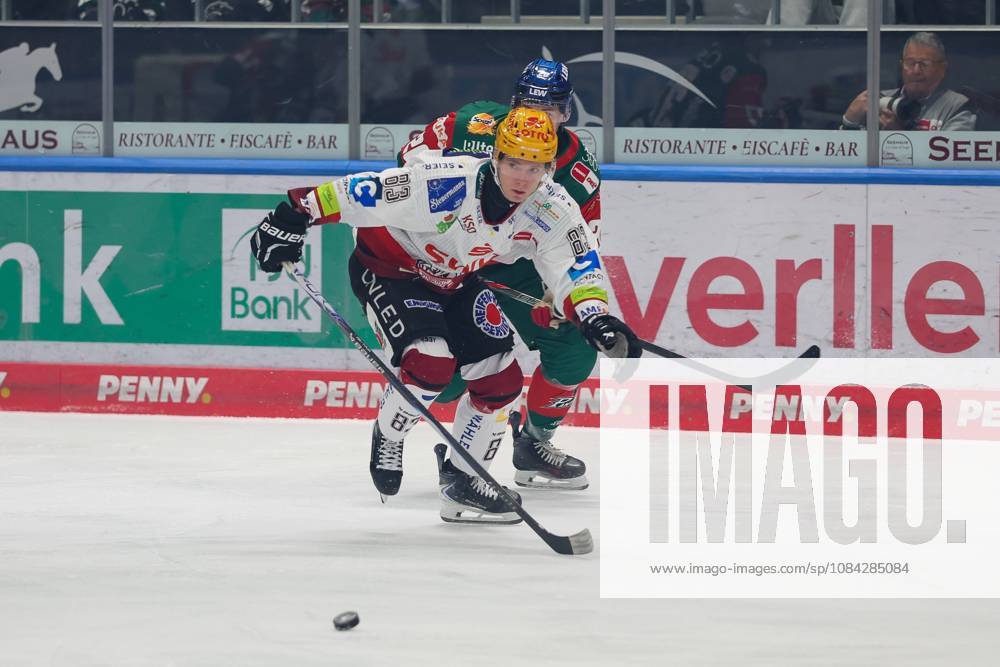 Im Zweikampf, Aktion, mit Florian Reinwald (Fischtown Pinguins 83) Philipp Krauss 20 (Augsburger Panther), Augsburger Panther vs. Fischtown Pinguins, 7. Spieltag, Eishockey, Penny-DEL, 09.10.2026 Augsburg Bayern Deutschland