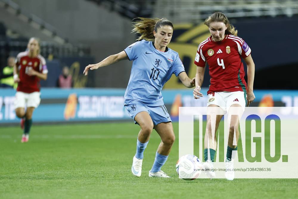 , Pancho Arena, season 2026 2027 , UEFA worldcup qualification football play-offs round 1 , match between Hungary and The Netherlands (women) 1st leg , Pictures shows Netherlands player Danielle van de Donk and Hungary player Sara Pusztai Hungary - Netherlands (women) x208077986x