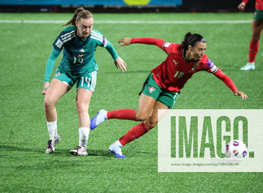 2027 FIFA Women s World Cup Round One Qualifying Play-off First Leg, Inver Park, Larne 9 10 2026 Northern Ireland vs Portugal Northern Irelands Lauren Wade with Portugal s Carolina Correia Lauren Wade with Carolina Correia 9 10 2026