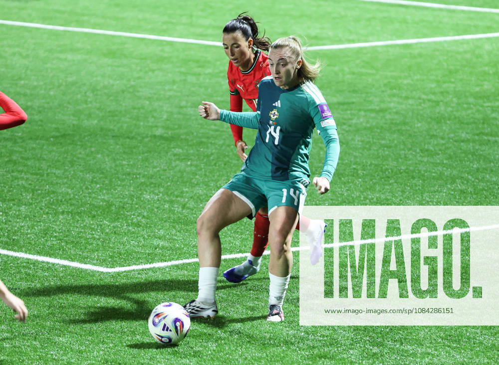 2027 FIFA Women s World Cup Round One Qualifying Play-off First Leg, Inver Park, Larne 9 10 2026 Northern Ireland vs Portugal Northern Irelands Lauren Wade with Portugal s Carolina Correia Lauren Wade with Carolina Correia 9 10 2026