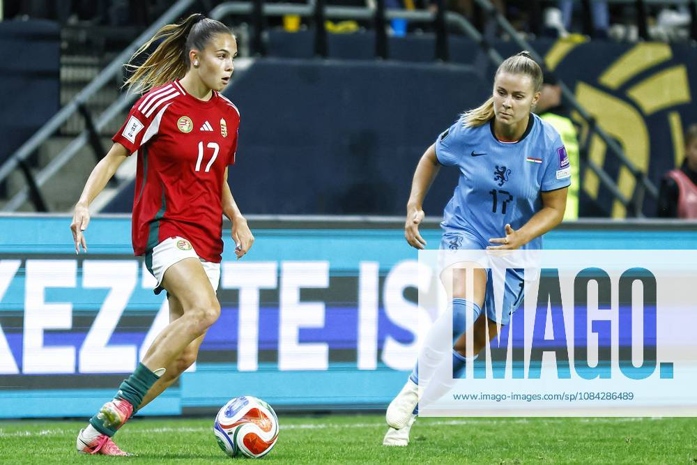 , Pancho Arena, season 2026 2027 , UEFA worldcup qualification football play-offs round 1 , match between Hungary and The Netherlands (women) 1st leg , Pictures shows Netherlands player and Victoria Pelova Hungary player Borbala Vincze Hungary - Netherlands (women) x208078126x