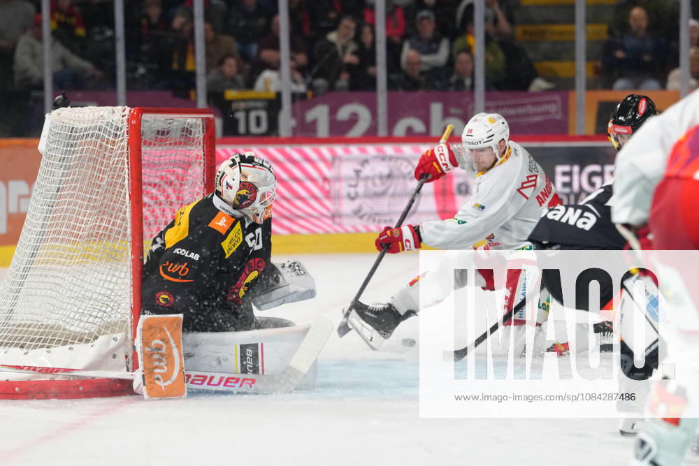 3014 Bern BE, Switzerland - October 09: Lias Andersson (24 EHCB) with a big chance against Goalkeeper Christof Von Burg (50 SCB) during the National League match between SC Bern and EHC Biel-Bienne at PostFinance Arena on October 09, 2026 in 3014 Bern BE, Switzerland.