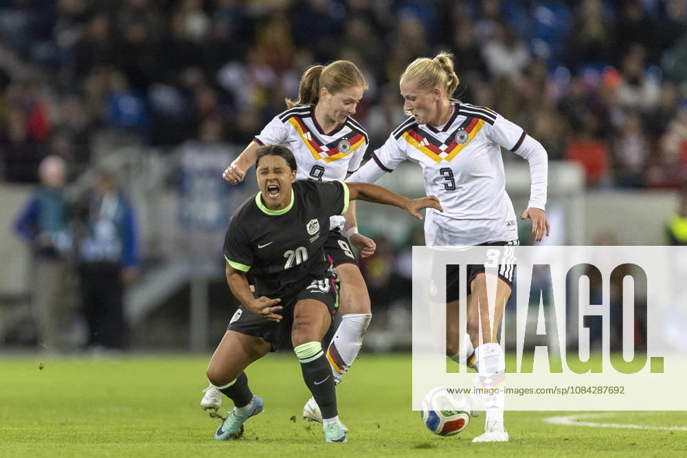 GER, Karlsruhe, football, womens football, International Friendly, Länderspiel, Nationalmannschaft Germany vs. Australia in the picture f.l.: Sam Kerr (Australia 20), Camilla Kuever (Germany 03), tackle, 09.10.2026, BBBank Wildpark Karlsruhe DFB REGULATIONS PROHIBIT ANY USE OF PHOTOGRAPHS AS IMAGE SEQUENCES AND OR QUASI-VIDEO, Karlsruhe BBBank Wildpark Baden-Wuerttemberg Germany