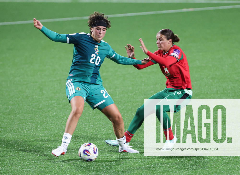 2027 FIFA Women s World Cup Round One Qualifying Play-off First Leg, Inver Park, Larne 9 10 2026 Northern Ireland vs Portugal Northern Irelands Fionnuala Morgan with Portugal s Telma Encarnaca Fionnuala Morgan with Telma Encarnaca 9 10 2026