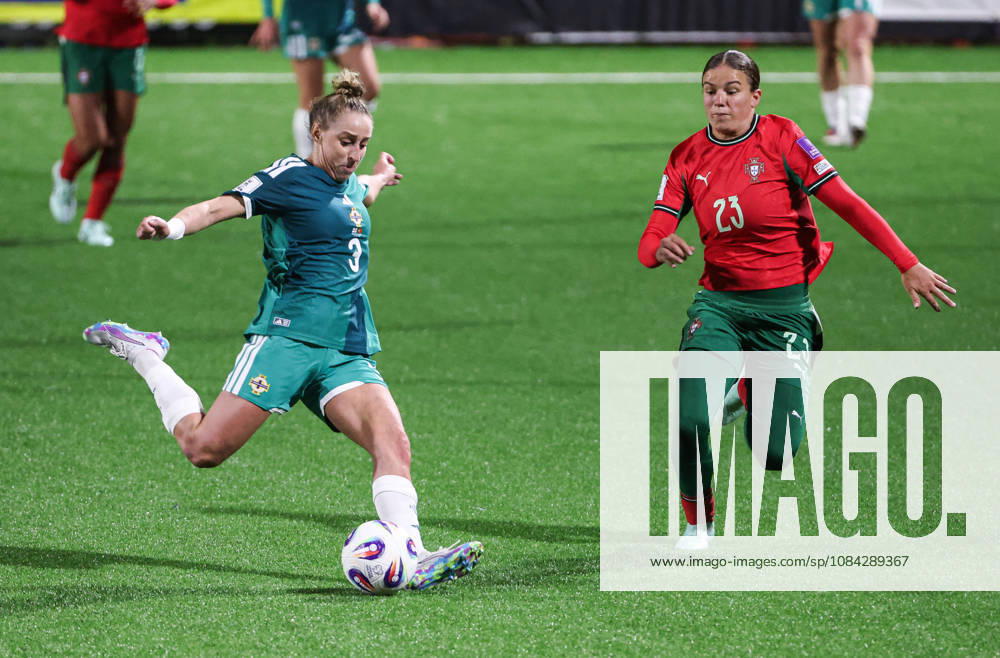 2027 FIFA Women s World Cup Round One Qualifying Play-off First Leg, Inver Park, Larne 9 10 2026 Northern Ireland vs Portugal Northern Irelands Natalie Johnson with Portugal s Telma Encarnaca Natalie Johnson with Telma Encarnaca 9 10 2026
