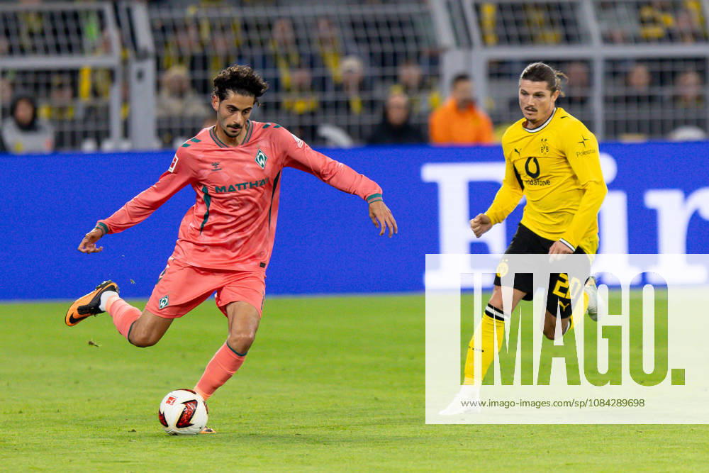 Dortmund, Deutschland 09. Oktober 2026: 1. BL - 2026 2027 - Sp. 5 - Borussia Dortmund gegen SV Werder Bremen Im Bild: v. li. im Zweikampf Eren Dinkci Dinkci (SVW) und Marcel Sabitzer (BVB) DFL DFB regulations prohibit any use of photographs as image sequences and or quasi-video. Signal Iduna Park Nordrhein Westfalen