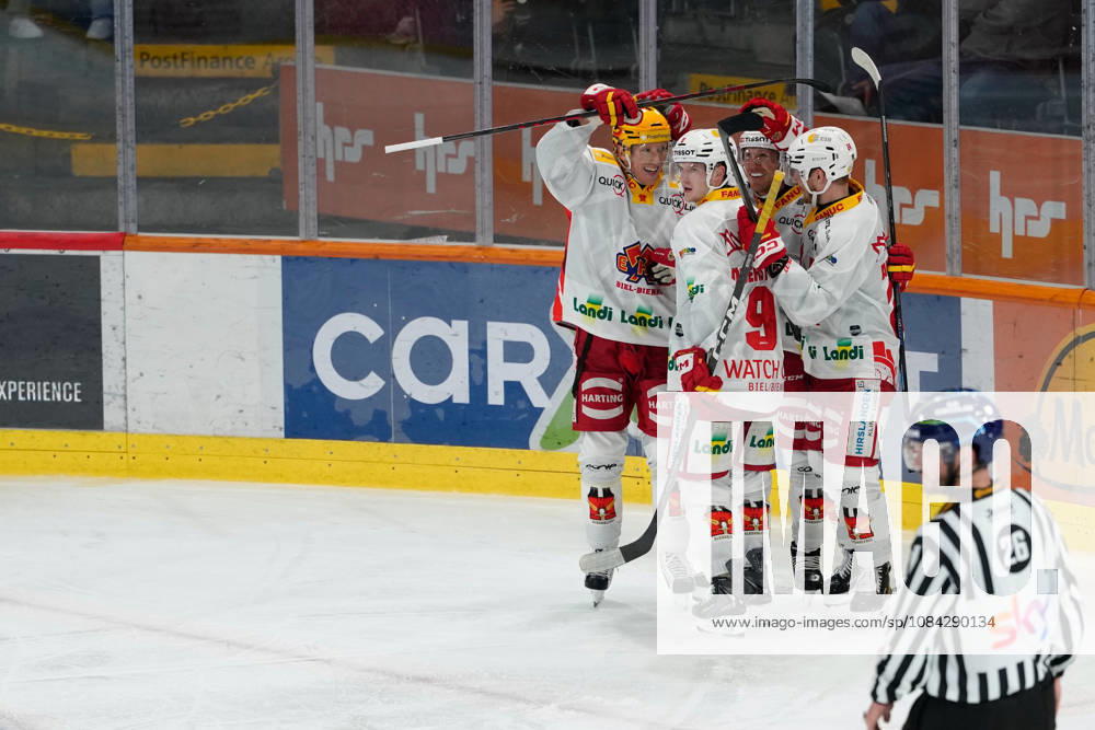 3014 Bern BE, Switzerland - October 09: Lias Andersson (24 EHCB) celebrates his goal with Marcus Sylvegard (PostFinance Top Scorer of EHCB), Victor Soderstrom (9 EHCB) and Jeff Skinner (53 EHCB) during the National League match between SC Bern and EHC Biel-Bienne at PostFinance Arena on October 09, 2026 in 3014 Bern BE, Switzerland.