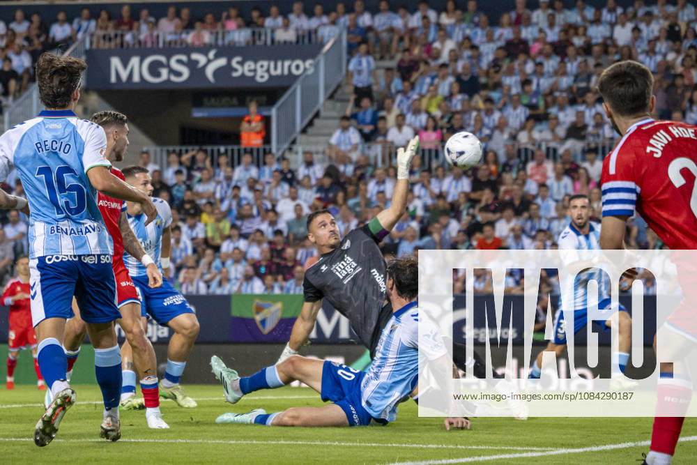 Alfonso Herrero (N1) saves a shot during La Liga match between Malaga and RCD Espanyol at the Estadio de la Rosaleda on the 9th of October, 2026 in Malaga, Spain