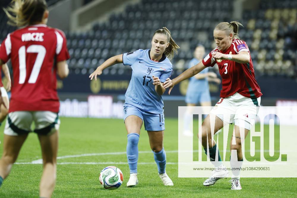 , Pancho Arena, season 2026 2027 , UEFA worldcup qualification football play-offs round 1 , match between Hungary and The Netherlands (women) 1st leg , Pictures shows Netherlands player Victoria Pelova and Hungary player Laura Palakovics Hungary - Netherlands (women) x208079965x