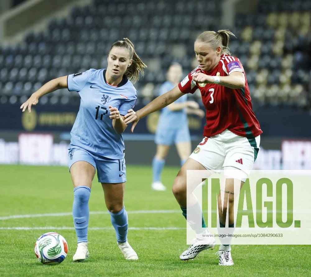 , Pancho Arena, season 2026 2027 , UEFA worldcup qualification football play-offs round 1 , match between Hungary and The Netherlands (women) 1st leg , Pictures shows Netherlands player Victoria Pelova and Hungary player Laura Palakovics Hungary - Netherlands (women) x208080009x