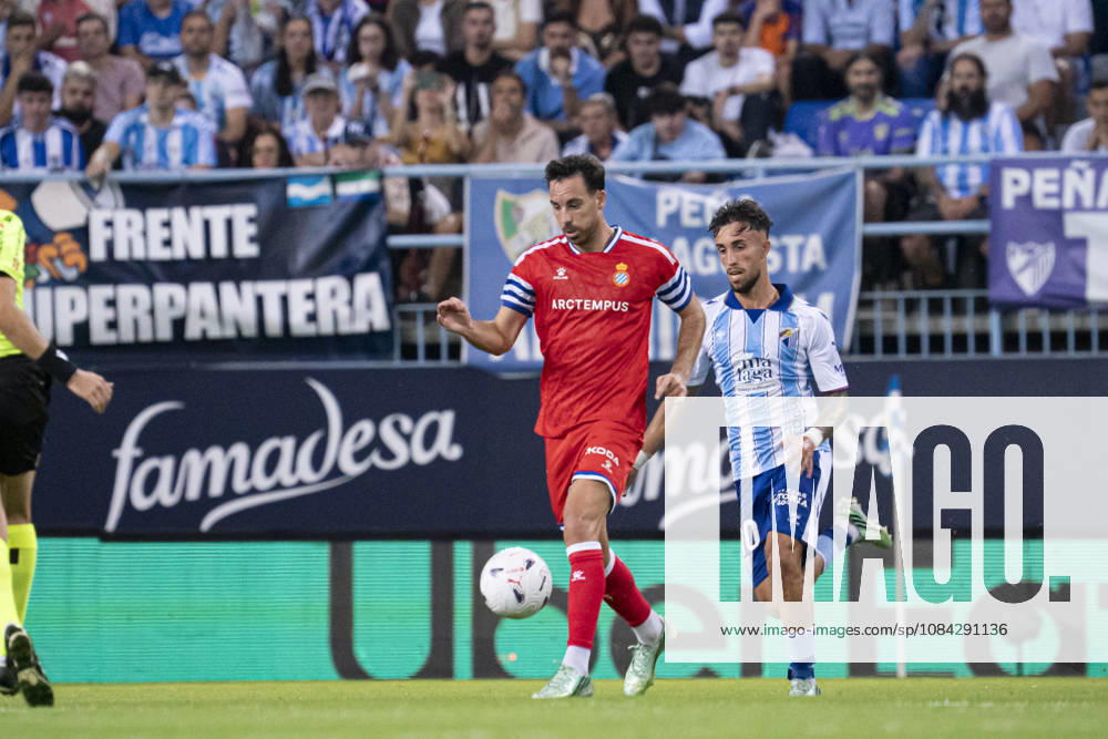 Edu Exposito (N8) with the ball during La Liga match between Malaga and RCD Espanyol at the Estadio de la Rosaleda on the 9th of October, 2026 in Malaga, Spain