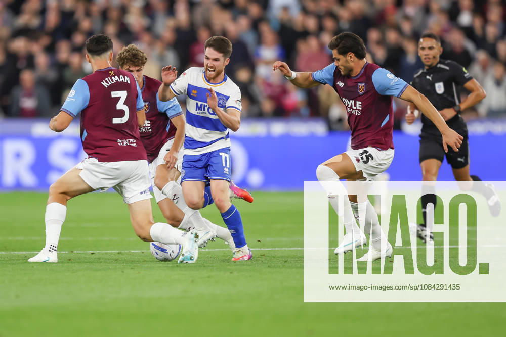 West Ham United v Queens Park Rangers, EFL Sky Bet Championship, EFL, Football, London Stadium, London, UK - 09 Oct 2026 Paul Smyth of Queens Park Rangers clashes with Arne Engels of West Ham United and Maximilian Kilman of West Ham United London London Stadium Stratford GBR, UK NEWSPAPERS OUT