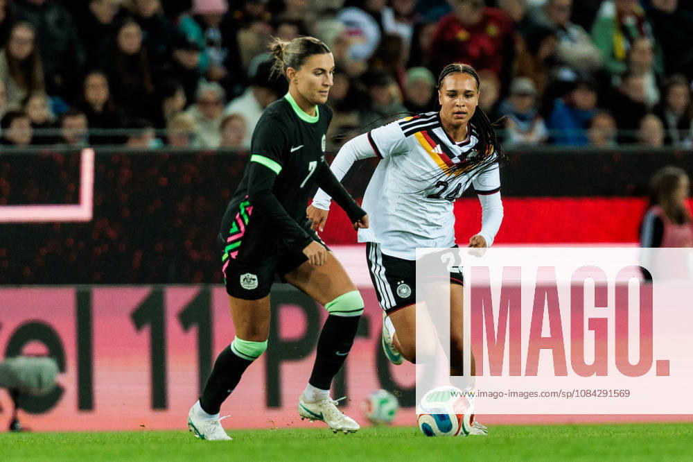 Lisa Baum (Germany, 24) battles Stephanie Catley (Australia, 7) for the ball during the International Friendly, Länderspiel, Nationalmannschaft match between Germany vs. Australia at BBBank Wildpark on October 09, 2026 in Karlsruhe, Germany. Germany
