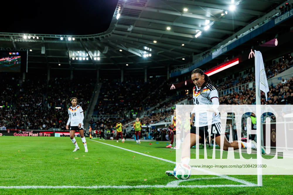 Lisa Baum (Germany, 24) shooting a corner ball during the International Friendly, Länderspiel, Nationalmannschaft match between Germany vs. Australia at BBBank Wildpark on October 09, 2026 in Karlsruhe, Germany. Germany