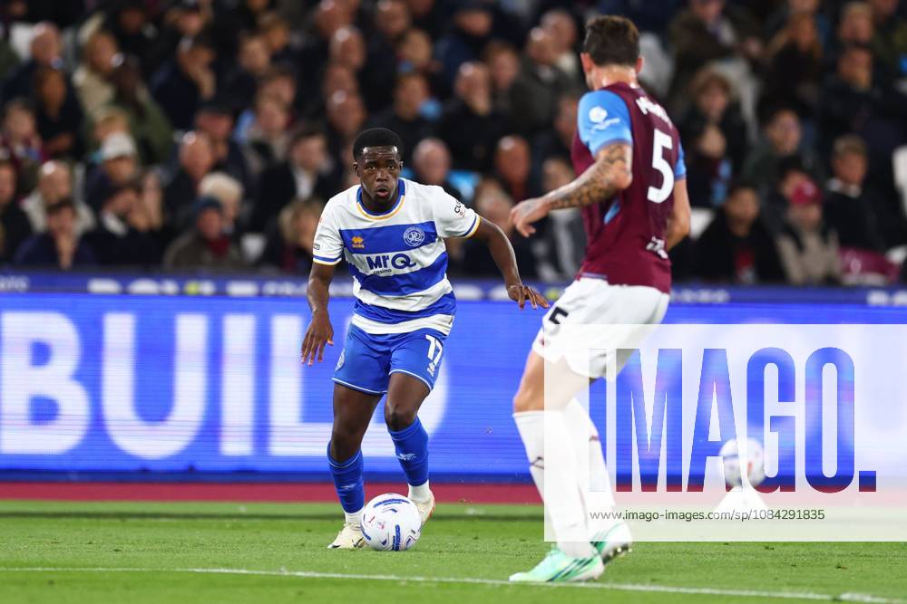 Kwame Poku of Queen Park Rangers takes on Morato of West Ham United West Ham United v Queens Park Rangers, EFL Championship, Football, London Stadium, London, UK - 09 Oct 2026London London Stadium United Kingdom
