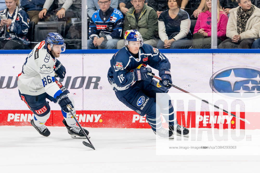 Kampf um den Puck Zweikampf zwischen Daniel Pietta (ERC Ingolstadt, 86) und Elis Hede (EHC Red Bull Muenchen, 10) GER, EHC Red Bull Muenchen vs. ERC Ingolstadt, DEL, Saison 2026 2027, 7. Spieltag, 09.10.2026. Foto: HMB Media Franz Feiner