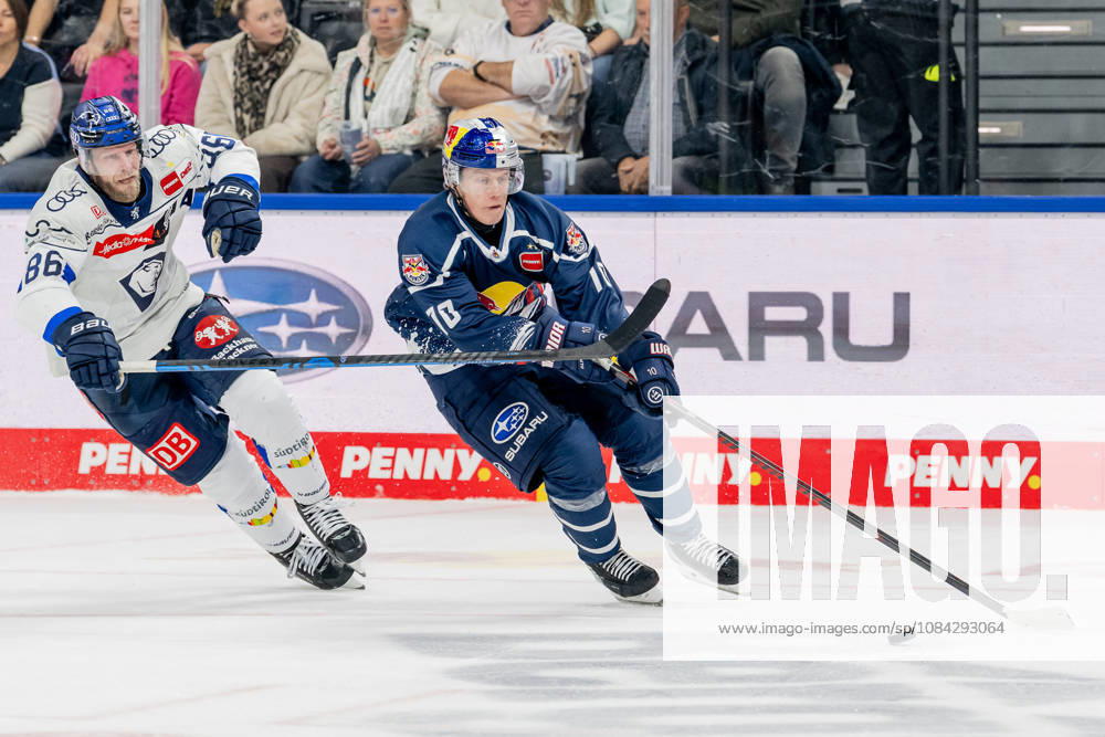 Kampf um den Puck Zweikampf zwischen Daniel Pietta (ERC Ingolstadt, 86) und Elis Hede (EHC Red Bull Muenchen, 10) GER, EHC Red Bull Muenchen vs. ERC Ingolstadt, DEL, Saison 2026 2027, 7. Spieltag, 09.10.2026. Foto: HMB Media Franz Feiner
