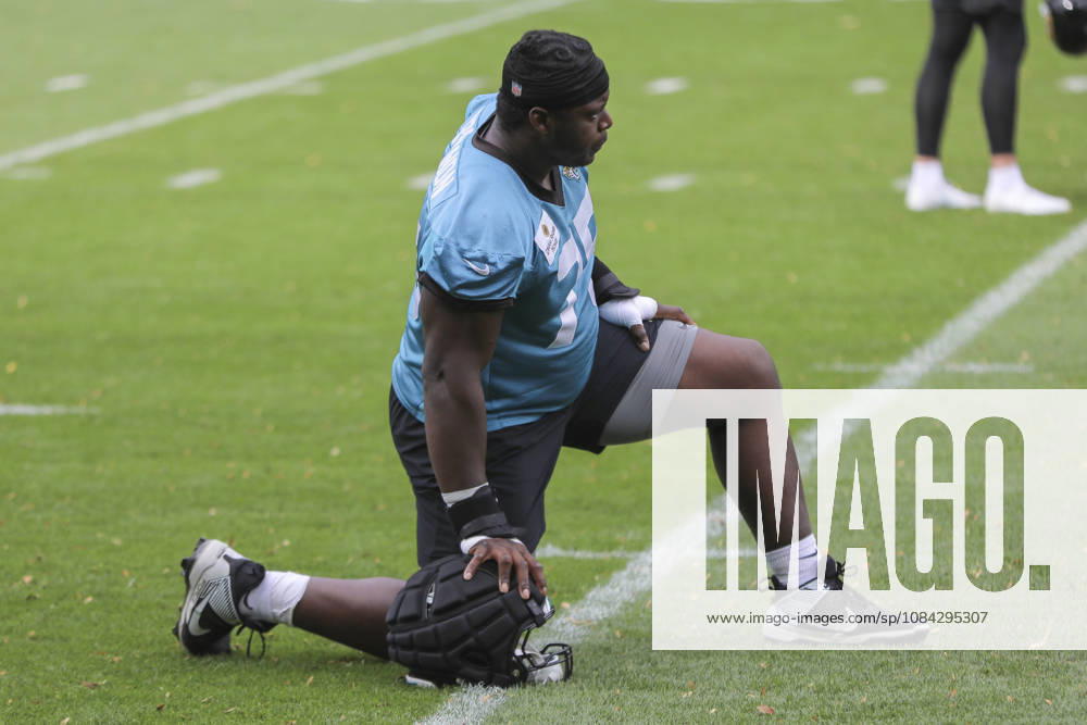 Emmanuel Pregnon of the Jacksonville Jaguars during the Jacksonville Jaguars team practise and media as part of the London NFL, American Football Herren, USA Series 2026, at the Grove, Chandler’s Cross, Hertfordshire, England, on 09 October 2026. Jody Demay - Davies SPP