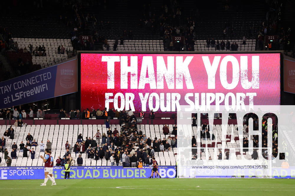 West Ham United v Queens Park Rangers 09 October 2026, London - EFL Championship Football - West Ham United v Queens Park Rangers - A message that says Thank You For Your Support on the big screen as fans rush to leave - Photo: Jacques Feeney Offside. London UK